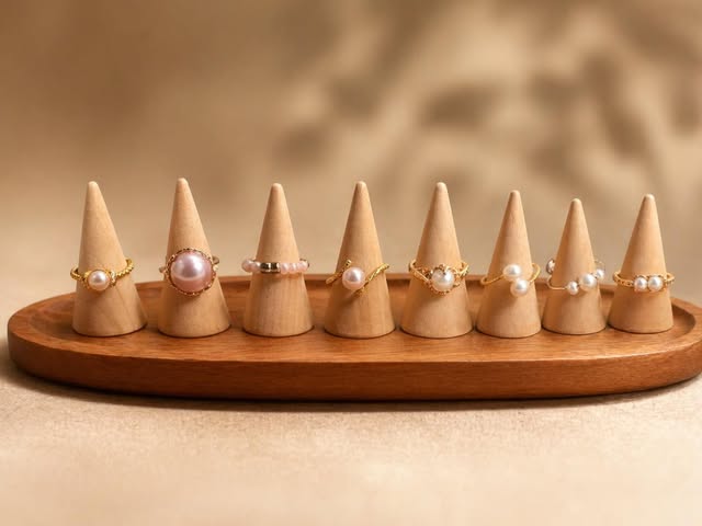 BOHO assortment of rings displayed on wooden stands